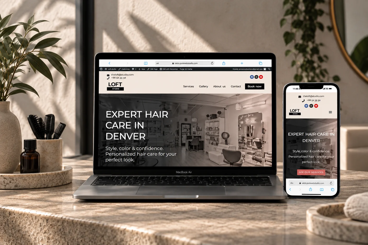 Ukážka demo webu Hair Salon na notebooku a telefóne v prírodne ladenej scéne